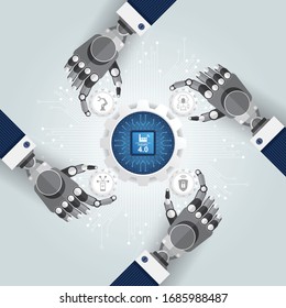 Industry 4.0 concept, translate Fourth(4th) Industrial Revolution. The robot arm, gear and icons rotate around the processor. 5G network, Smart factory, IOT, Artificial intelligence, Autonomous.