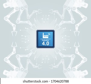 Industry 4.0 concept, translate Fourth(4th) Industrial Revolution. Robot arm and Processor with text 'Industry 4.0' on the circuit board background. 5G network, Smart factory, IOT,  AI, Autonomous.