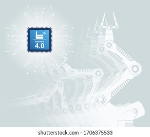 Industry 4.0 concept, translate Fourth(4th) Industrial Revolution. Robot arm and Processor with text 'Industry 4.0' on the circuit board background. 5G network, Smart factory, IOT,  AI, Autonomous.