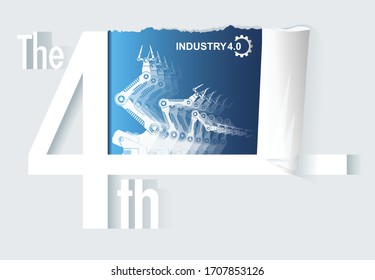 Industry 4.0 concept, translate Fourth(4th) Industrial Revolution. Moving robot arm appear from inside the torn paper. Smart factory, IOT, Artificial intelligence, Big data, Autonomous.  