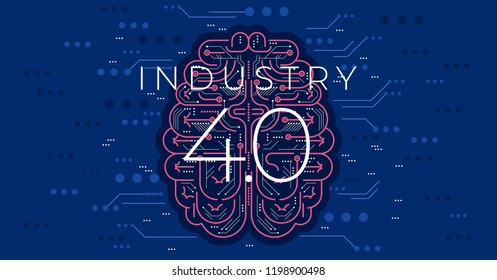 Industry 4.0 Concept Vector Illustration.Modern Industrial Revolution - Automation And Data Exchange In Manufacturing Technologies.Cyber Systems,internet Of Things (IOT), Cloud Computing And AI