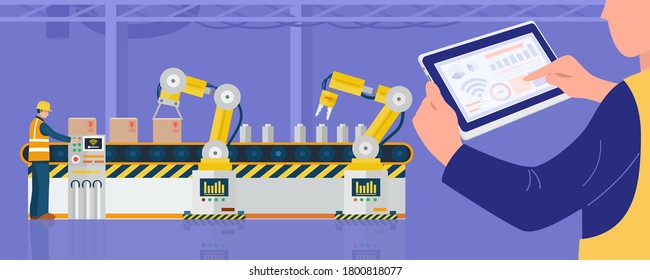 Industry 4.0 concept, Worker using tablet control industrial robotic arms  in factory. Vector