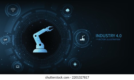 Industry 4.0 concept.Realistischer Roboterarm mit futuristischen Elementen auf dunkelblauem Hintergrund. Autonome industrielle Technologie Design.