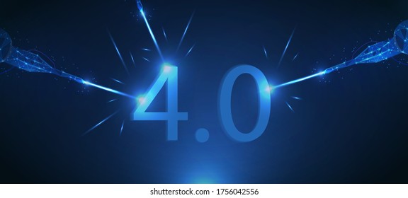 Industry 4.0 creates an idea with a robot. Web page template. Low poly future industrial revolution concept. High-tech programming devices and robots. Vector illustration