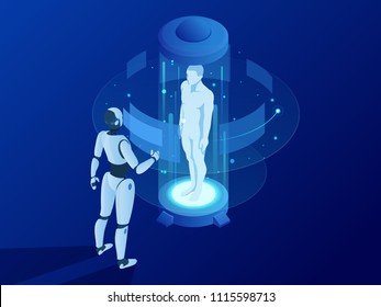 Industry 4.0 Cyber-Physical Systems concept. Isometric robot cyborg with artificial intelligence working on abstract hud virtual interface of human. Future science concept.