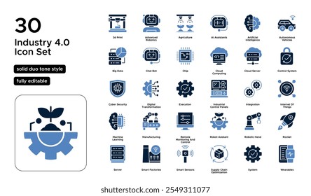 Indústria 4.0 Dia Sólido Duo Tom Conjunto de Ícones: Automação, Sistemas Ciberfísicos e Ícones de Fabricação Inteligente