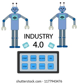 industry 4.0 depicted robots and a tablet with the help of which by means of Wi-Fi you can set up automated work for industrial purposes