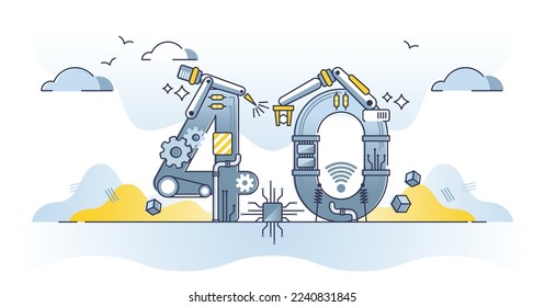 Industry 4.0 as factory manufacturing future generation outline concept. Production process development with automation or performance optimization using digital high tech conveyer vector illustration
