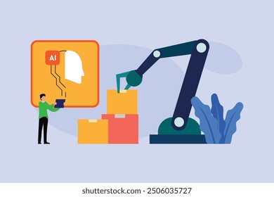 Industry 4.0 factory works robotic arm. Smart industrial revolution 2d flat vector illustrations