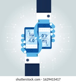 Industry 4.0, Fourth Industrial Revolution. As the background of the circuit board, the word "Industry 4.0" is on the smartphone. 5G network, Smart factory, IOT, Artificial intelligence, Autonomous.