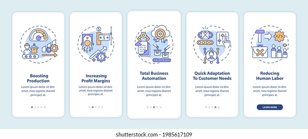 Industry 4.0 goals onboarding mobile app page screen with concepts. Boosting production, business automation walkthrough 5 steps graphic instructions. UI vector template with RGB color illustrations