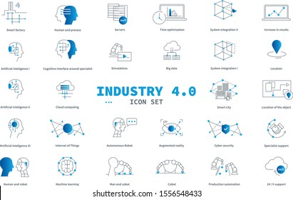 Industry 4.0, icon set: big data, Autonomous Robot, Internet of Things, Machine learning, Cobot, Production automation, Cyber security, Artificial intelligence, Smart factory, Augmented reality, , 