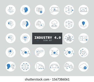 Industry 4.0, icon set: big data, Autonomous Robot, Internet of Things, Machine learning, Cobot, Production automation, Cyber security, Artificial intelligence, Smart factory, Augmented reality,