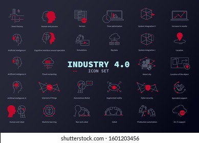 Industry 4.0, icon set: big data, Autonomous Robot, Internet of Things, Machine learning, Cobot, Production automation, Cyber security, Artificial intelligence, Smart factory, Augmented reality,