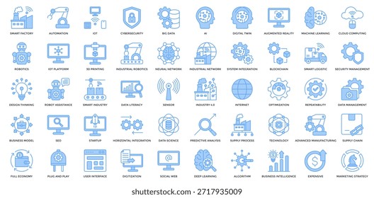 Conjunto de iconos de Industria 4.0. Contiene Smart Factory, Automatización, IOT, Ai, Digital Twin, Realidad Aumentada, Aprendizaje Automático, Computación En La Nube, Icono De Robótica. Estilo azul lineal