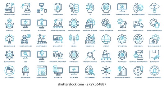 Industrie 4.0-Symbolsatz Enthaltend Smart Factory, Automation, IoT, AI, Digital Twin, Augmented Reality, Machine Learning, Cloud Computing, Robotics Icon. Gliederungsfarbstil