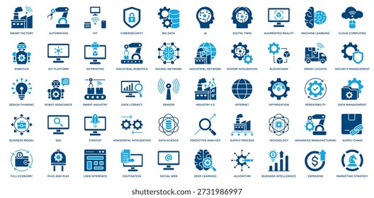 Industry 4.0 Icon Set. Containing Smart Factory, Automation, Iot, Ai, Digital Twin, Augmented Reality, Machine Learning, Cloud Computing, Robotics Icon. Dual Tone Style