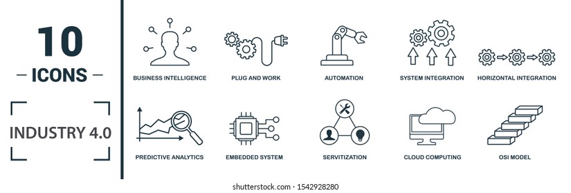 Industry 4.0 icon set. Include creative elements automation, data management, business intelligence, horizontal integration, osi model icons. Can be used for report, presentation, diagram, web design.