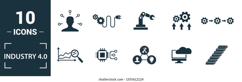 Industry 4.0 icon set. Include creative elements automation, data management, business intelligence, horizontal integration, osi model icons. Can be used for report, presentation, diagram, web design.