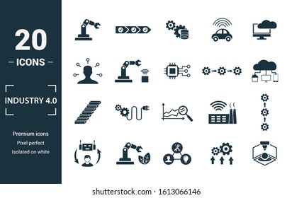 Industry 4.0 icon set. Include creative elements automation, data management, business intelligence, horizontal integration, osi model icons. Can be used for report, presentation, diagram, web design.