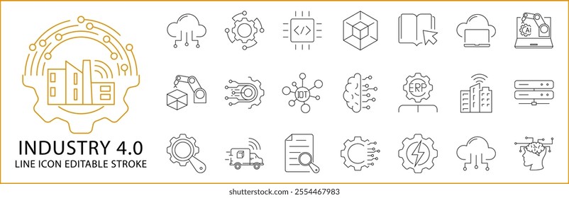 Industry 4.0 icon Set in line Style. Industry 4.0 icons. Vector illustration. editable Stroke.