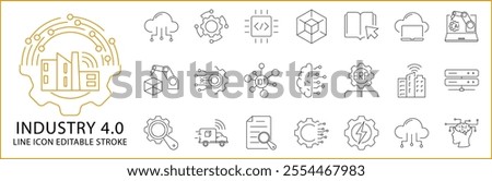 Industry 4.0 icon Set in line Style. Industry 4.0 icons. Vector illustration. editable Stroke.