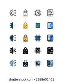 Icono de la industria 4.0, conjunto de tecnología, sistema de control, candado, chip. reloj de uso, conjunto de iconos