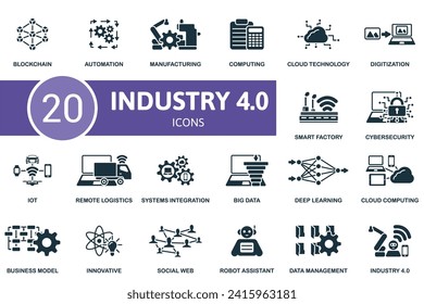 Industry 4.0 icons set. Creative icons: blockchain, automation, manufacturing, computing, cloud technology, digitalization and more svg
