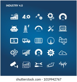 Industry 4.0 , Industrial internet of things technology trend concept. White icons set of sensor of smart factory , monitoring , process control and augmented reality on blue background.