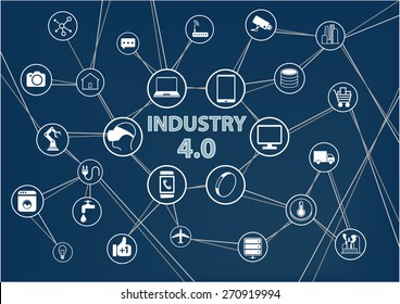 Industry 4.0 industrial internet of things (IIOT) background. Vector illustration of industrial connected devices like mobile phone, robots, sensors, objects. Dark blue color scheme.