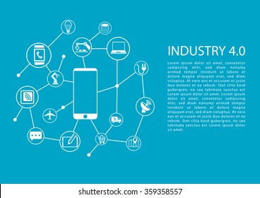 Industry 4.0 / Industrial Internet Of Things Concept With Mobile Phone Connected To Network Of Devices. Vector Template With Text.