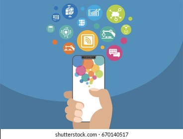 Industry 4.0 and industrial internet of things concept as vector illustration with hand holding modern bezel-free / frameless smartphone and icons