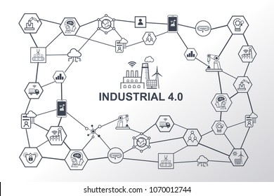 Industry 4.0 infographic and Smart manufacturing concept. Industrial 4.0 process system on industrial factory and connection with automation, robot, data management. svg