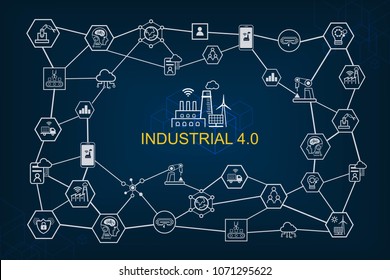 Industry 4.0 infographic and Smart manufacturing concept. Industrial 4.0 process system on industrial factory and connection with automation, robot, data management.