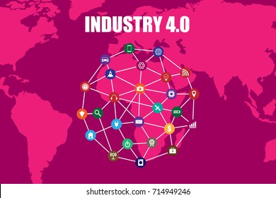 Industry 4.0 and internet of things illustration. World map.