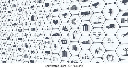 Industry 4.0, Internet of things (IoT) and networking, network connections. Web page banner template with icons.  Spider web of network connections with on a futuristic white background 