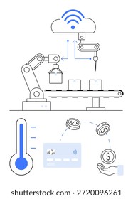 Industria 4.0, IoT, automatización, fábricas inteligentes, monitoreo de temperatura de finanzas digitales. Brazo robótico en una línea de montaje de conectividad inalámbrica y flujo de datos. Industria 4.0 y concepto IoT