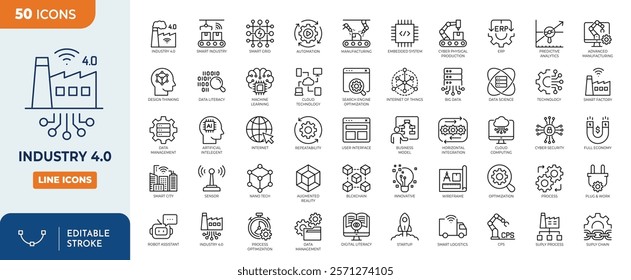 Industry 4.0 line editable icon set. Industry 4.0 contain icons automation, smart industry, connection, cloud computing, iot, system integration, big data and more. vector illustration