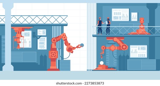Industry 4.0 modern factory. Project engineer talks to female operator who controls facility production line, uses computer with screens showing AI. Machine learning enhanced assembly process. Vector