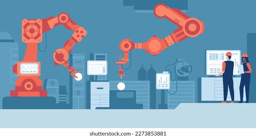 Industry 4.0 modern factory. Project engineer talks to female operator who controls facility production line, uses computer with screens showing AI. Machine learning enhanced assembly process. Vector