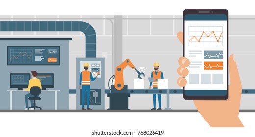 Industry 4.0 monitoring app on a smartphone and smart automated production line with workers and robots on the background