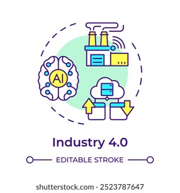 Ícone de conceito de várias cores do Industry 4.0. Quarta revolução industrial. Inteligência artificial. Fábrica inteligente. Ilustração de linha de forma redonda. Ideia abstrata. Design gráfico. Fácil de usar no artigo