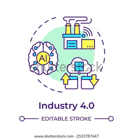 Industry 4.0 multi color concept icon. Fourth industrial revolution. Artificial intelligence. Smart factory. Round shape line illustration. Abstract idea. Graphic design. Easy to use in article