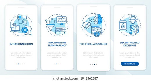 Industry 4.0 onboarding mobile app page screen with concepts. Digital information, technical assistance walkthrough 4 steps graphic instructions. UI vector template with RGB color illustrations