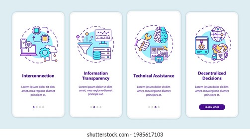 Industry 4.0 principles onboarding mobile app page screen with concepts. Interconnection, tech assistance walkthrough 4 steps graphic instructions. UI vector template with RGB color illustrations
