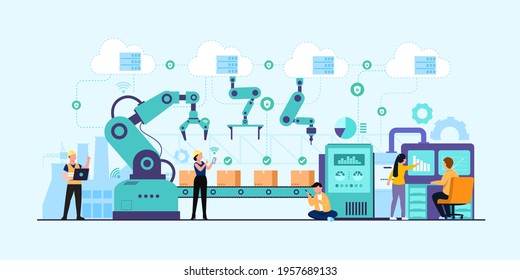 Industry 4.0 with programmer or human worker and robotic arm. Smart industrial revolution in factory process, Isolated flat vector illustration