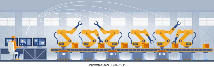 Industry 4.0 Smart factory concept. Workers, robot arms and assembly line. Technology vector illustration