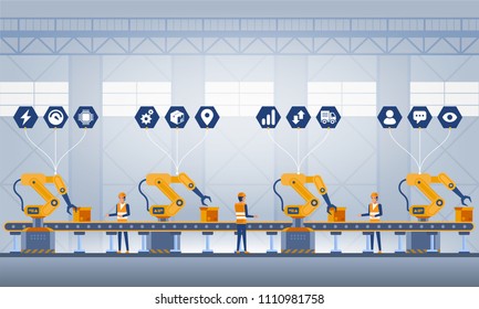 Industry 4.0 Smart factory concept. Workers, robot arms and assembly line. Technology vector illustration