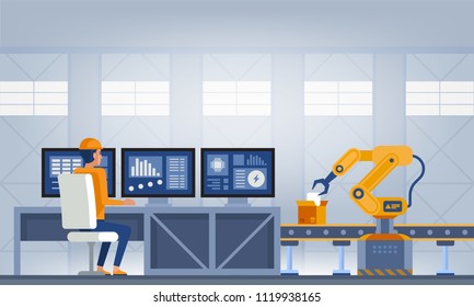 Industry 4.0 Smart factory concept. Workers, robot arms and assembly line. Technology vector illustration