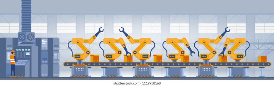 Industry 4.0 Smart factory concept. Workers, robot arms and assembly line. Technology vector illustration